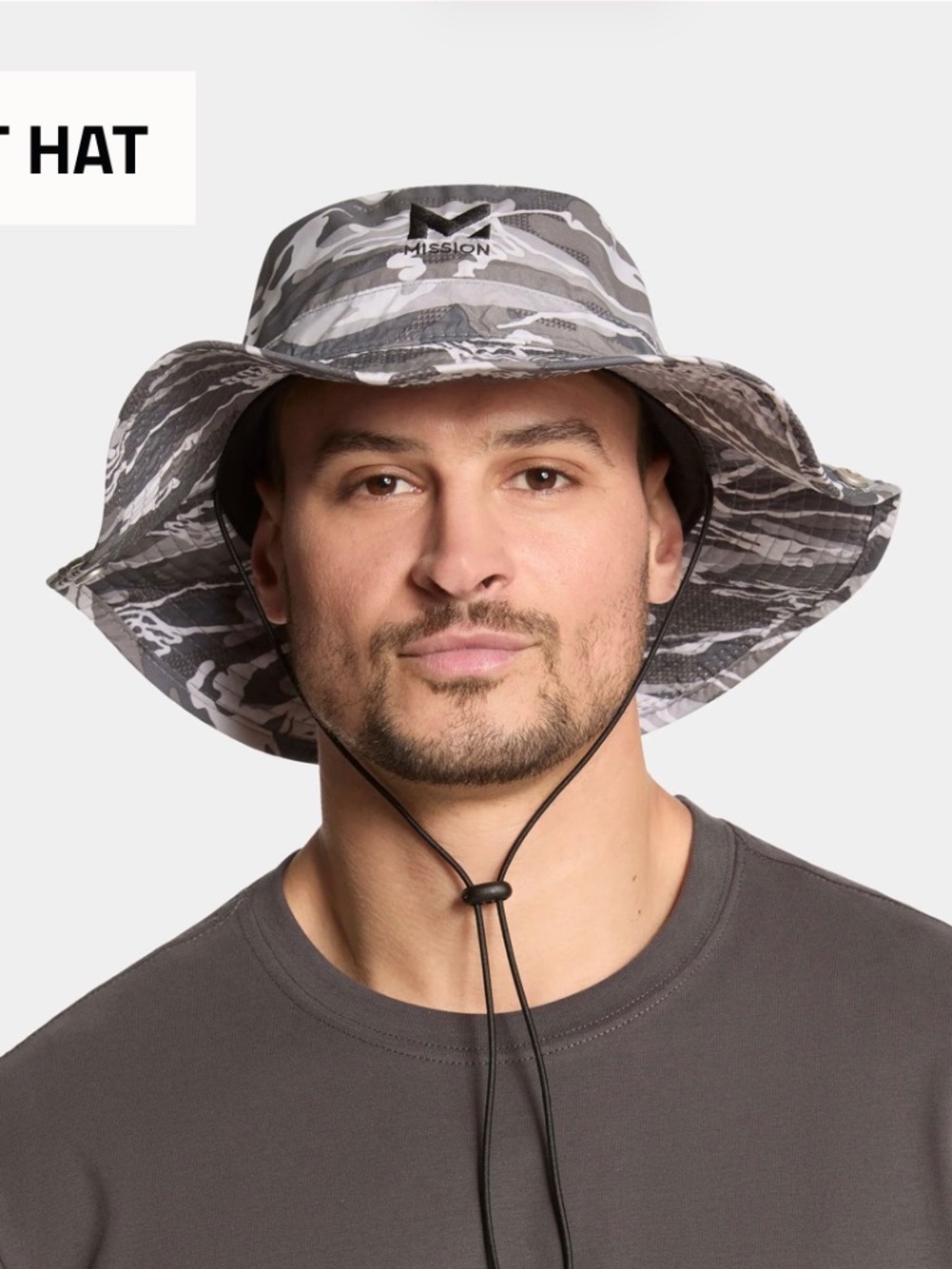 Mission Cooling Camo Gray Bucket Hat UPF 50 Wide Brim Drawstring Foldable NWT